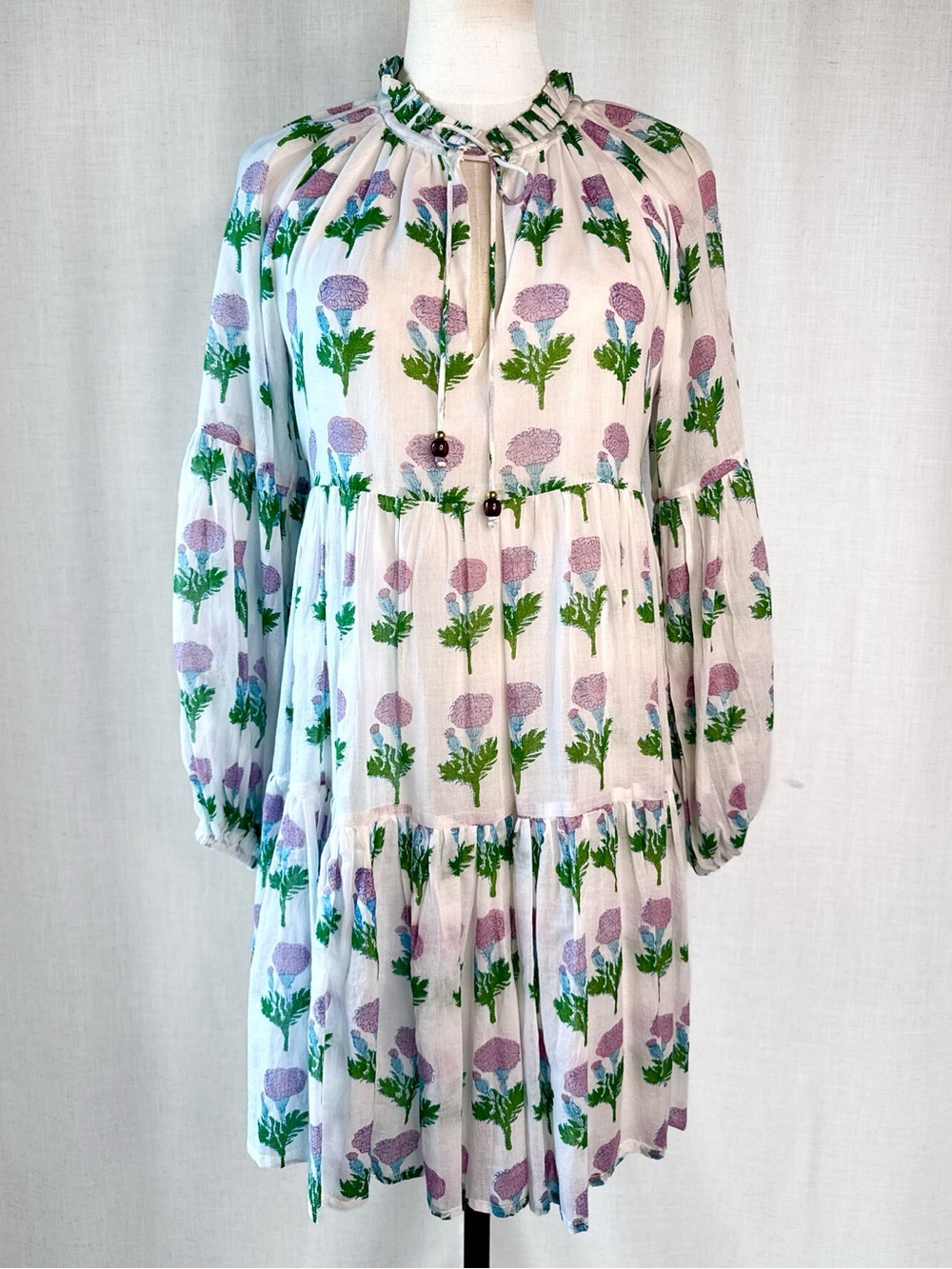 Oliphant Bloom Lilac Thistle Print Tiered Mini Dress Cotton NWT Size XS